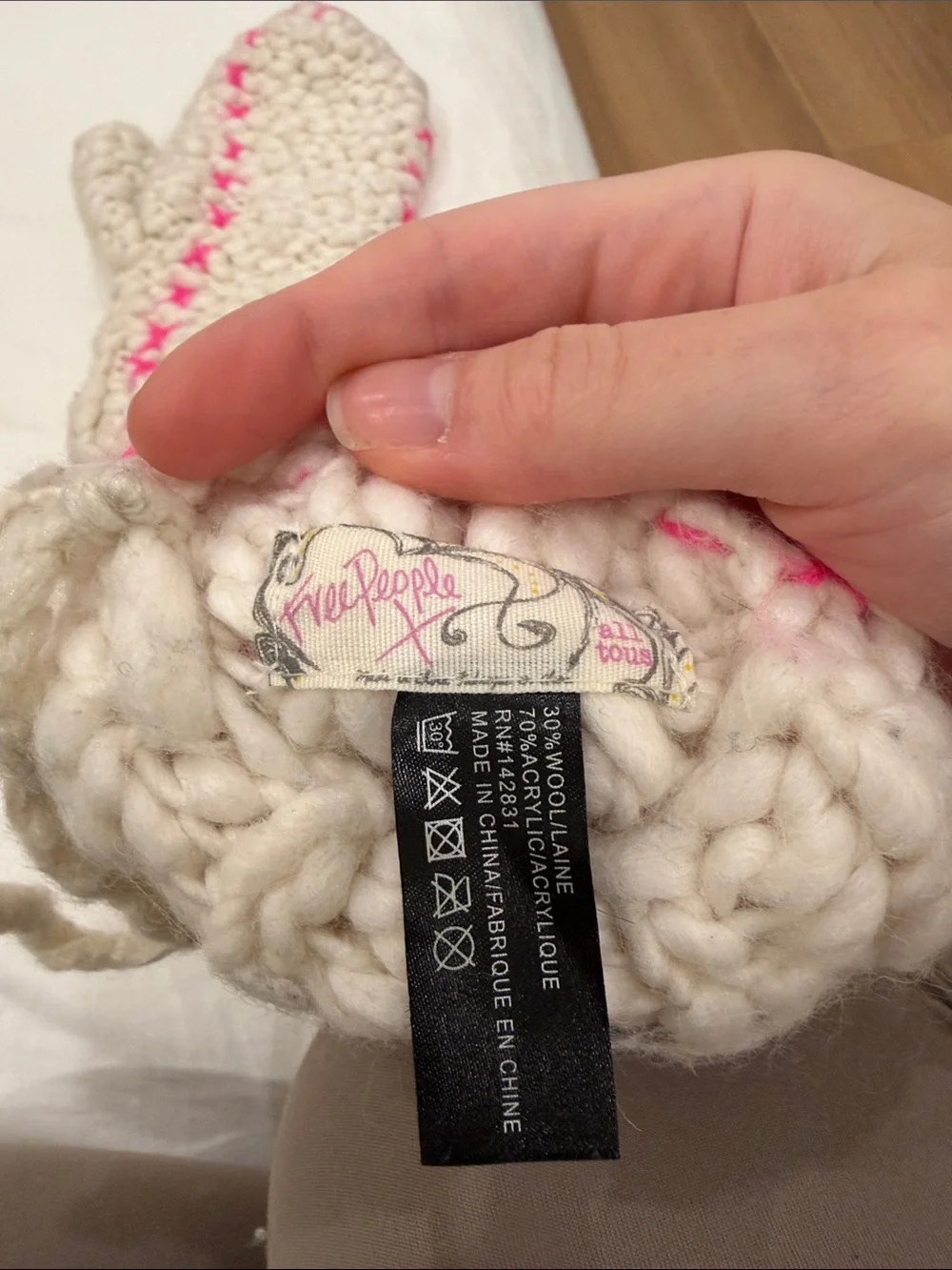 Free People Cream Knit Mittens with Neon Pink Stitching